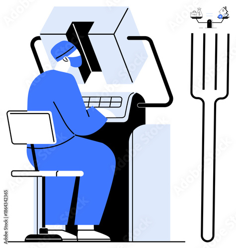 Medical technology. A healthcare worker uses advanced medical equipment for diagnostics to ensure precision. Medical technology enhances patient care. Great for health innovation, biotechnology