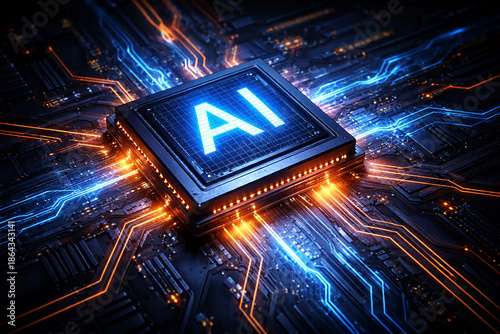 Ai processor chip on a glowing circuit board