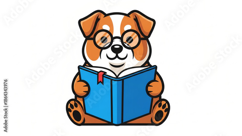 A charming cartoon dog wearing spectacles engrossed in reading a blue book with a bookmark isolated on white background, Vector