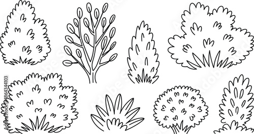 Hand Drawn Bushes and Shrubs Line Art Set Nature Doodle Vector Illustration