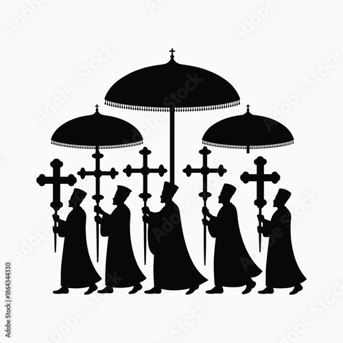 Religious Procession with Cross and Umbrellas Silhouette Faith Ceremony Vector