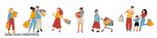 People shopping isolated set, visitors with bags
