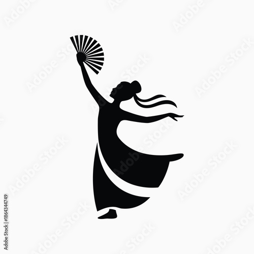Traditional Fan Dance Silhouette Vector Illustration with Elegant Woman Performing Cultural Dance
