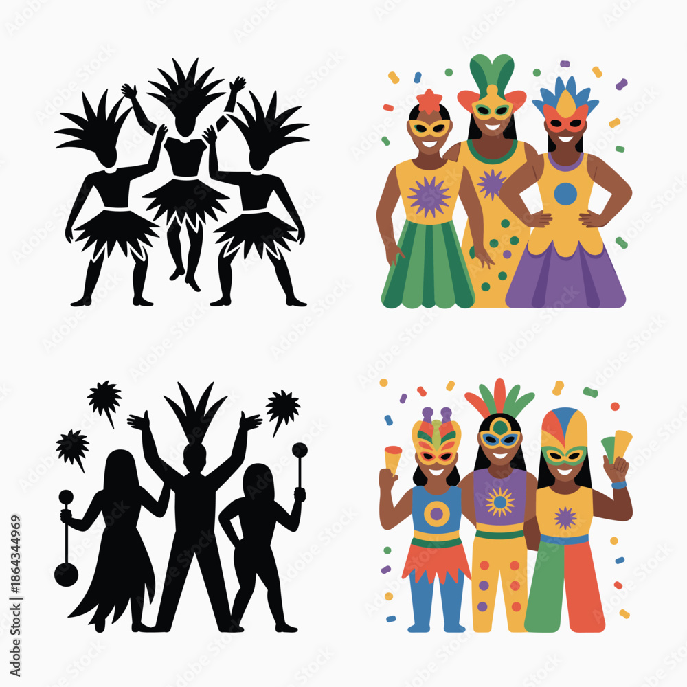 Fototapeta premium Traditional Cultural Dance and Mask Icon Set Vector Illustration with Festival Performers and Ethnic Celebration