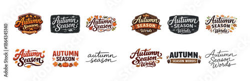 Autumn season words: decorative typography collection with leaves and pumpkins