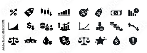 Black financial icons set: charts, currency, and economic symbols