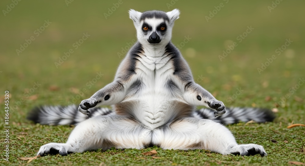 Obraz premium A striking ring-tailed lemur, an iconic primate native to Madagascar, is captured in a unique, relaxed pose, showcasing its distinctive striped tail and expressive eyes in a natural grassy environment