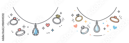 Elegant jewelry collection with rings and pendants featuring diamonds and gems