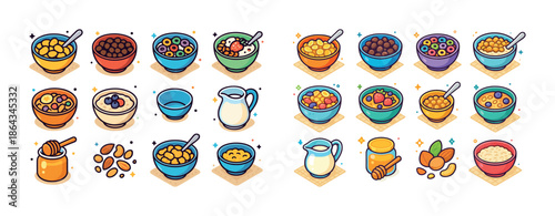 Colorful cereal bowls and breakfast elements with milk, honey, and nuts