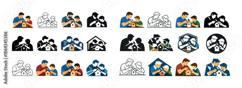 Diverse family portraits: asian, hispanic, caucasian families building birdhouses together