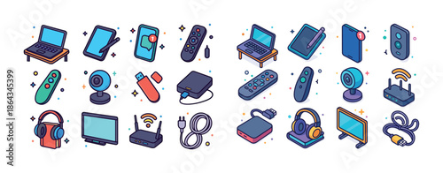 Colorful electronic gadgets and accessories collection - laptops, tablets, cameras, headphones