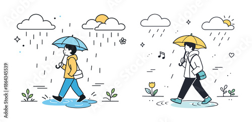 Cartoon characters with umbrellas in rainy and sunny weather