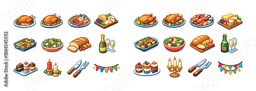 Assorted festive meals and decorations: roast chicken, baked goods, wine, and candles