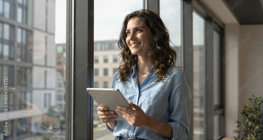 Fototapeta premium Businesswoman holding tablet by office window envisioning success