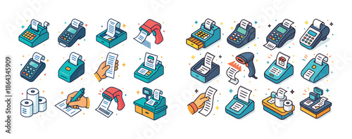 Isometric illustrations of point of sale systems and payment devices