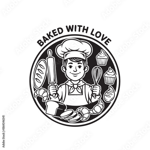 Baked with Love Bakery Logo in Black and White