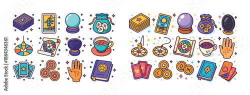 Colorful tarot and divination tools with cards, crystals, and crystal balls