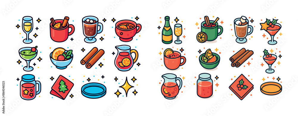 Fototapeta premium Festive drinks and snacks collection with holiday-themed icons