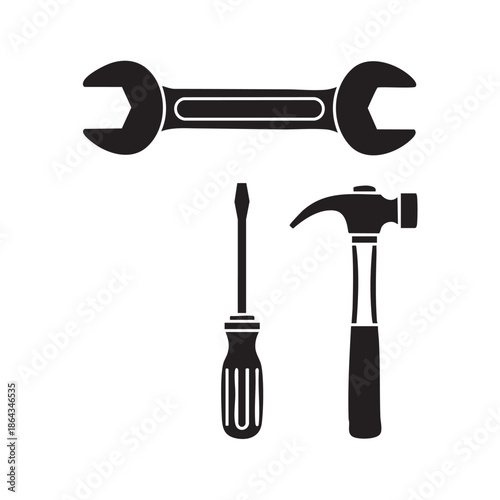 Set of basic hand tools including wrench screwdriver and hammer on transparent background