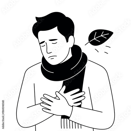 Man wearing a thick scarf clutches his chest near a falling leaf representing seasonal.