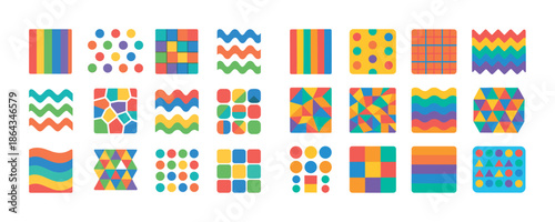 Colorful geometric patterns in various shapes and designs