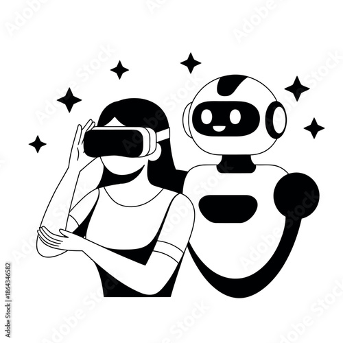 Woman wearing virtual reality headset interacts closely with a friendly smiling robot.