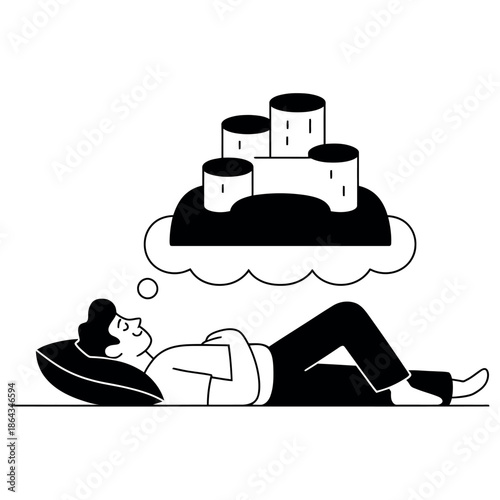 Man relaxing comfortably on floor dreaming of achieving top podium positions and cylindrical.