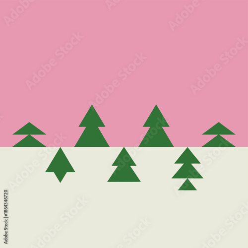 Minimalist graphic design shows green evergreen trees partially submerged below a dividing.