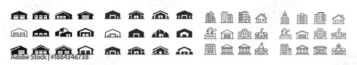 Various building icons: houses, apartments, skyscrapers, civic structures