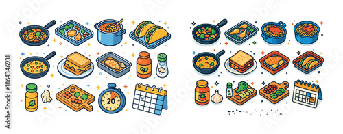 Colorful meal preparation icons with cooking ingredients and dishes