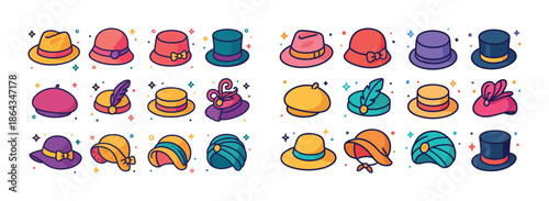 Colorful cartoon hat collection with various styles and designs