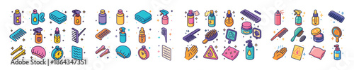Colorful haircare and skincare product icons in various shapes and styles