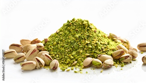 crushed pistachio nut pile on white