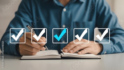 Man completing checklist with glowing checkmarks on notebook