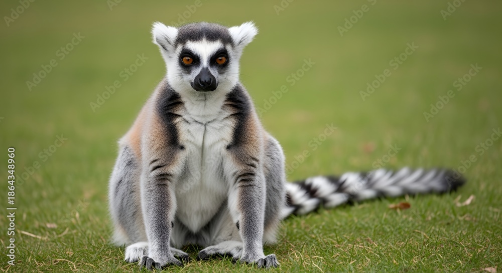 Fototapeta premium A majestic ring-tailed lemur, a captivating primate with a unique striped tail, sits poised and alert on vibrant green grass in its natural outdoor environment