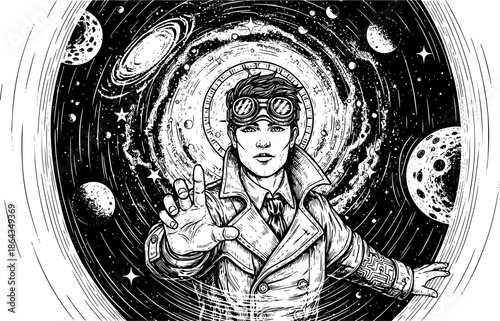 Engraved illustration of a person emerging from a cosmic time travel 
