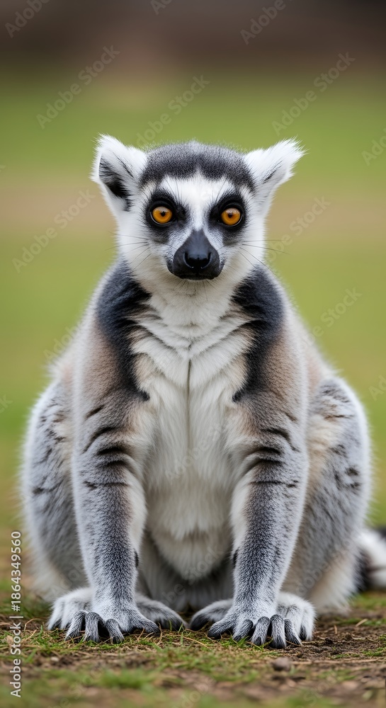 Fototapeta premium Close-up portrait of a ring-tailed lemur sitting on the ground with a soft blurred green background, showcasing its distinctive facial markings and large eyes