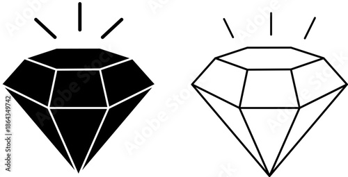 Diamond gem icon in outline and solid black styles, luxury jewelry and precious stone, brilliant crystal of wealth
