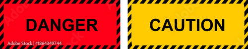Danger and caution warning, industrial safety alert notice labels, red and yellow hazard border frames