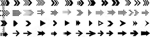 Collection of black arrow icons in different styles and shapes, directional pointers and navigation symbols, cursor and movement indicators
