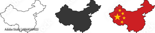Silhouettes of the map of China in black outline and flag colors, national border and geographical territory, set of silhouettes of Asian countries