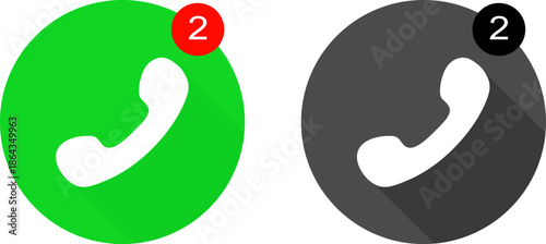 Phone call icon, missed notification counter bubble, green and gray communication app buttons, mobile interface and contact