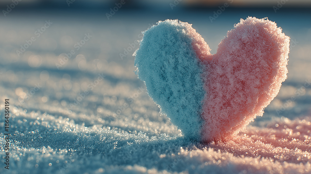 Fototapeta premium A charming heart shape made of pink and blue snow stands out against a sparkling, soft snowy background, evoking a sense of winter magic and love.
