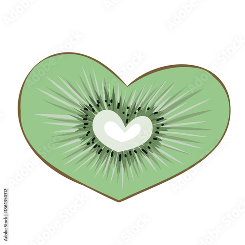 Kiwi in shape of heart fresh tropical fruit with vibrant green flesh and brown skin vector illustration. Perfect for food labels, packaging, healthy lifestyle, food designs, decoration