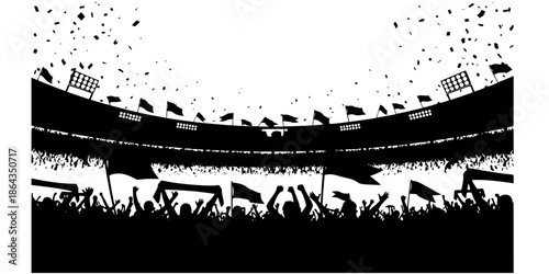Football Stadium Crowd Cheering Silhouette Vector Panorama
