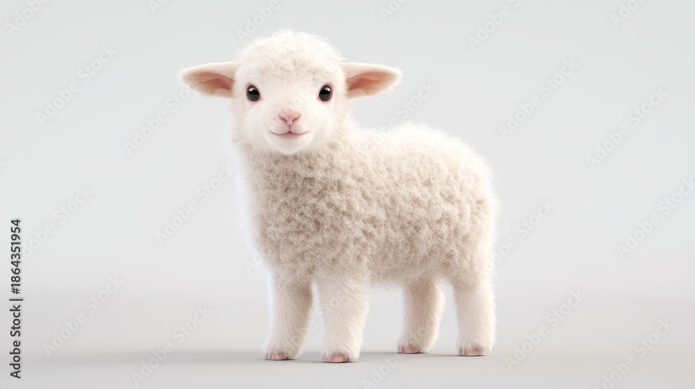 Fototapeta premium A cute, fluffy lamb with big, expressive eyes stands against a soft, neutral background, exuding an adorable charm.