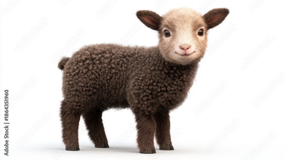 Fototapeta premium A fluffy brown lamb stands on a white background, showcasing its adorable face and soft, textured wool.