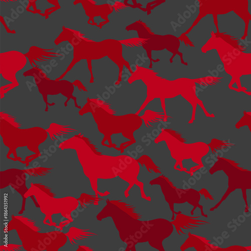 Running red horses on a gray background. Seamless pattern for fabrics, textiles, packaging, and wallpaper. Vector illustration.