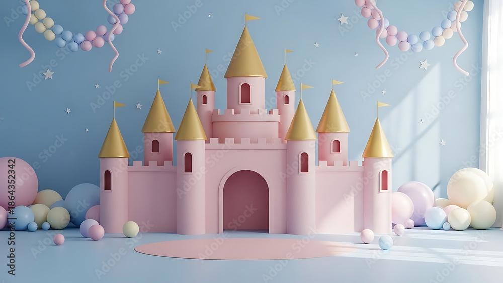 Fototapeta premium Pink castle with gold turrets and colorful balloons on blue background