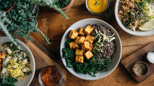 Minimalist Plant-Based Tofu Cuisine Flatlay - Modern Healthy Eating Concept